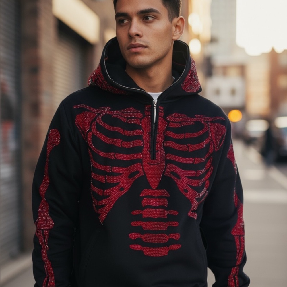 Guapi Men's Skeleton Rhinestone Hoodie Black with Red Rhinestones Ltd ED (JB)